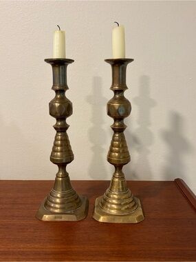 19th Century Victorian English Brass Beehive Candlesticks 10”